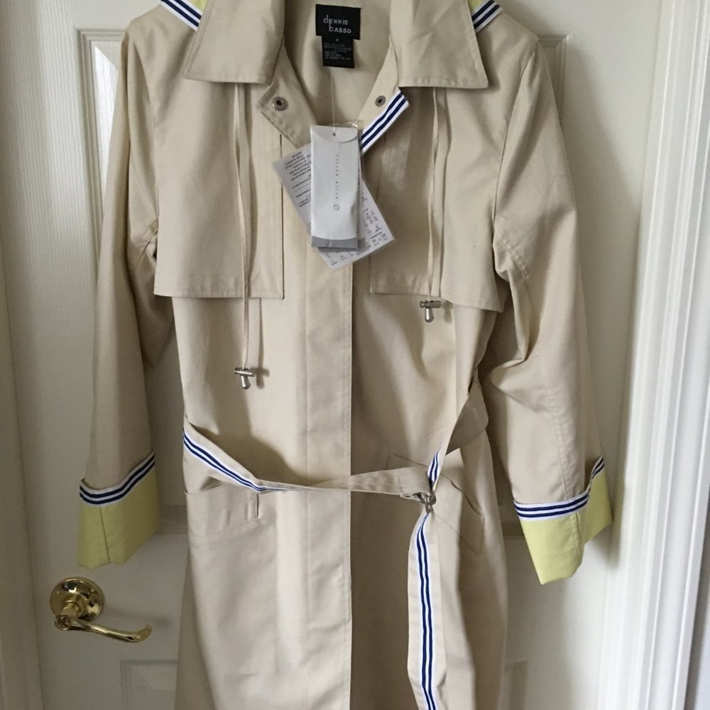 NWT!  DENNIS BASSO Classic Natural Trench Coat with Yellow Striping Sz 12